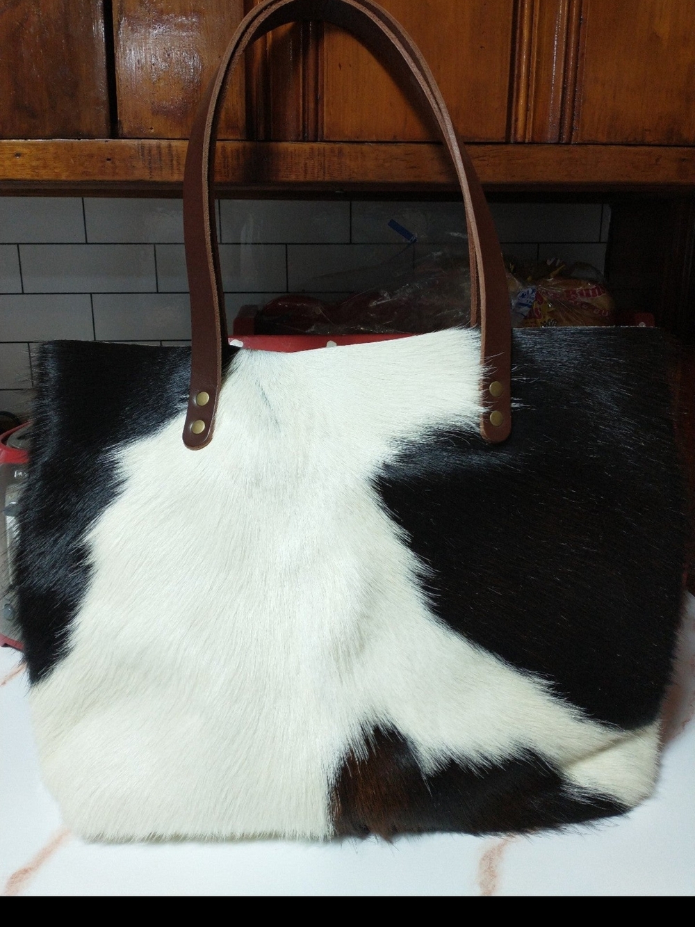 Cowhide Tote Bag with Leather Handles - Black & White Hawks And Doves